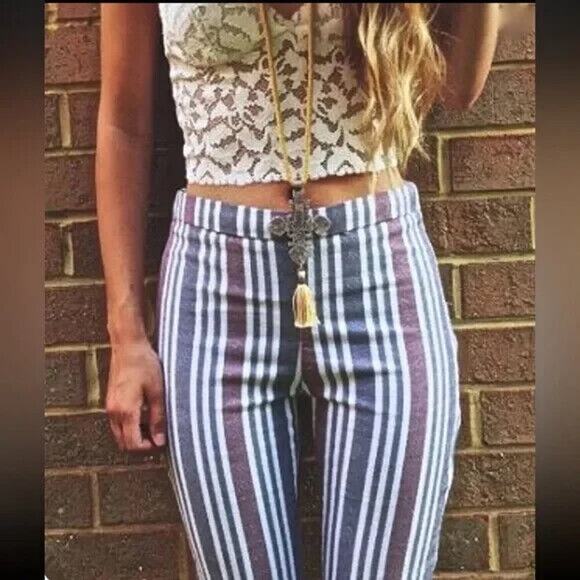 FREE PEOPLE Striped Cropped Pants Mod Linen Blend Boho 4 - Picture 3 of 10